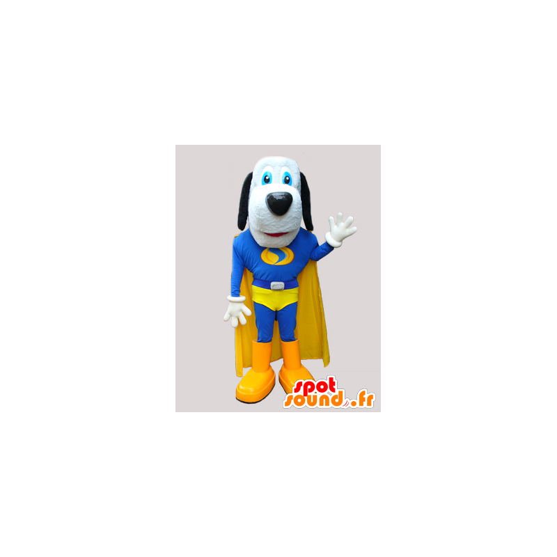 Söt hundmaskot i blå och gul superhjälte - Spotsound maskot