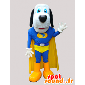 Söt hundmaskot i blå och gul superhjälte - Spotsound maskot