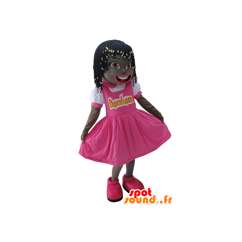 Maskot lille afrikansk pige klædt i lyserødt - Spotsound maskot