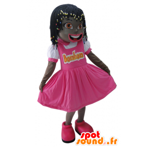 Maskot lille afrikansk pige klædt i lyserødt - Spotsound maskot