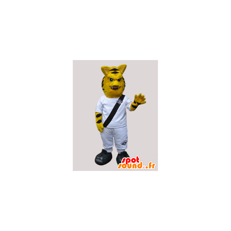 Vild udseende tigermaskot, klædt i hvidt - Spotsound maskot