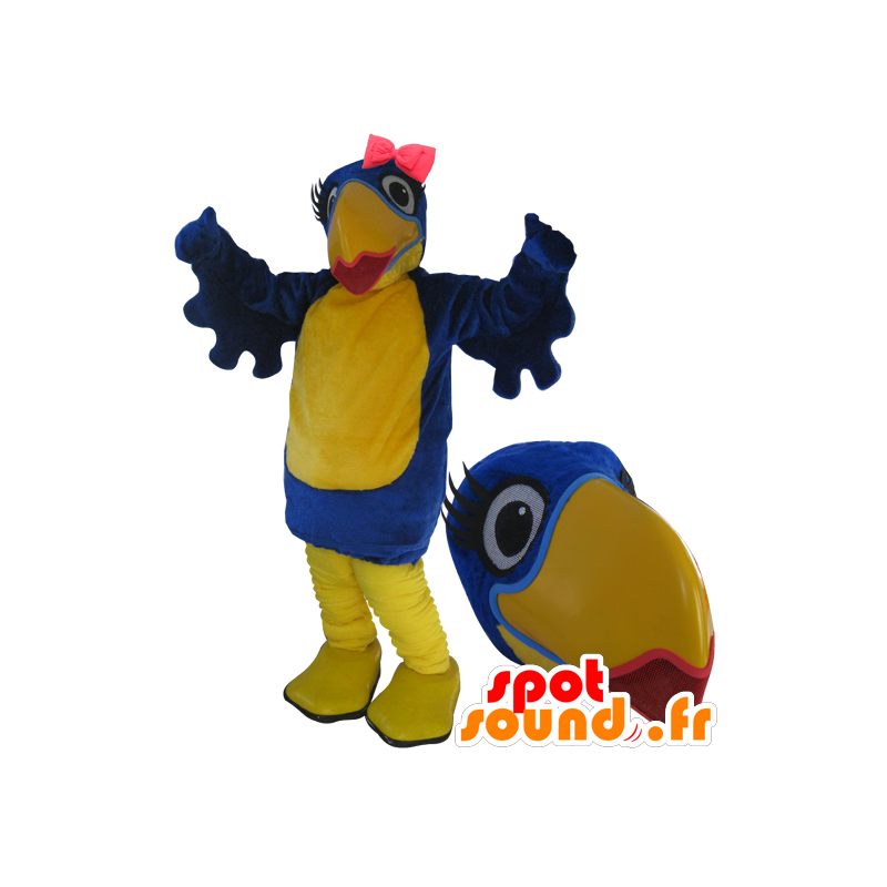 Darts kapok Rimpelingen Koop Groothandel Mascot blauwe en gele vogel met lippenstift in Mascot  vogels Kleur verandering Geen verandering Besnoeiing L (180-190 cm) Schets  voor productie (2D) Neen Met de kleren? (indien aanwezig op de