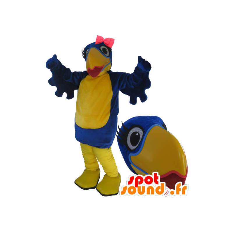 Mascot stor blå og gul fugl med læbestift - Spotsound maskot