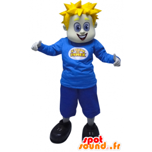 Blond man with mascot dressed in blue spikes - MASFR033053 - Human mascots