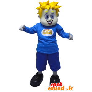 Blonde man met mascotte gekleed in blauwe spikes - MASFR033053 - man Mascottes