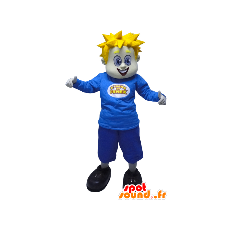 Blonde man met mascotte gekleed in blauwe spikes - MASFR033053 - man Mascottes