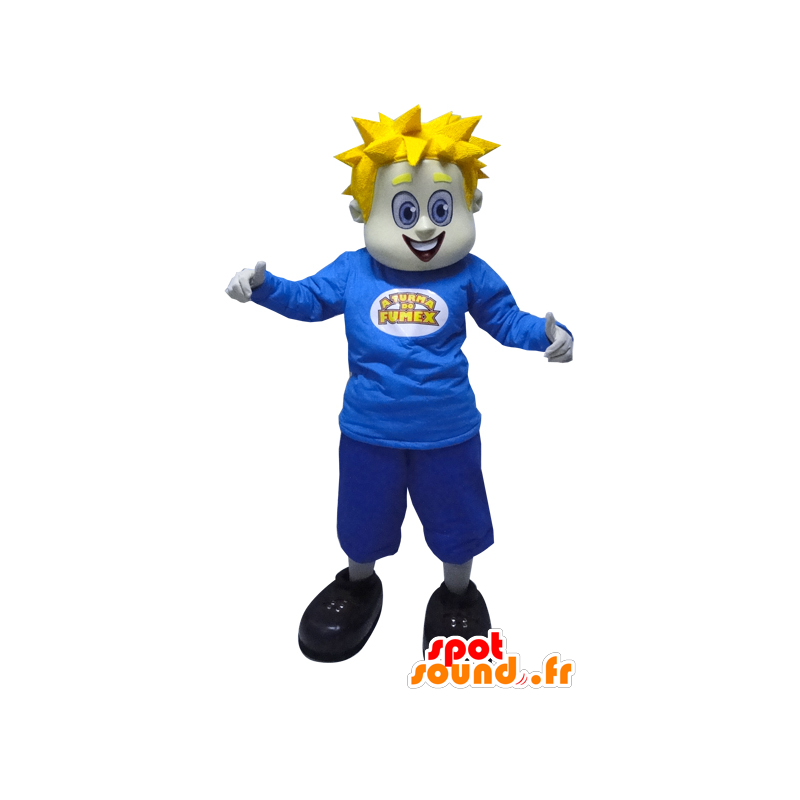 Homem loiro com mascote vestido com pontos azuis - MASFR033053 - Mascotes homem