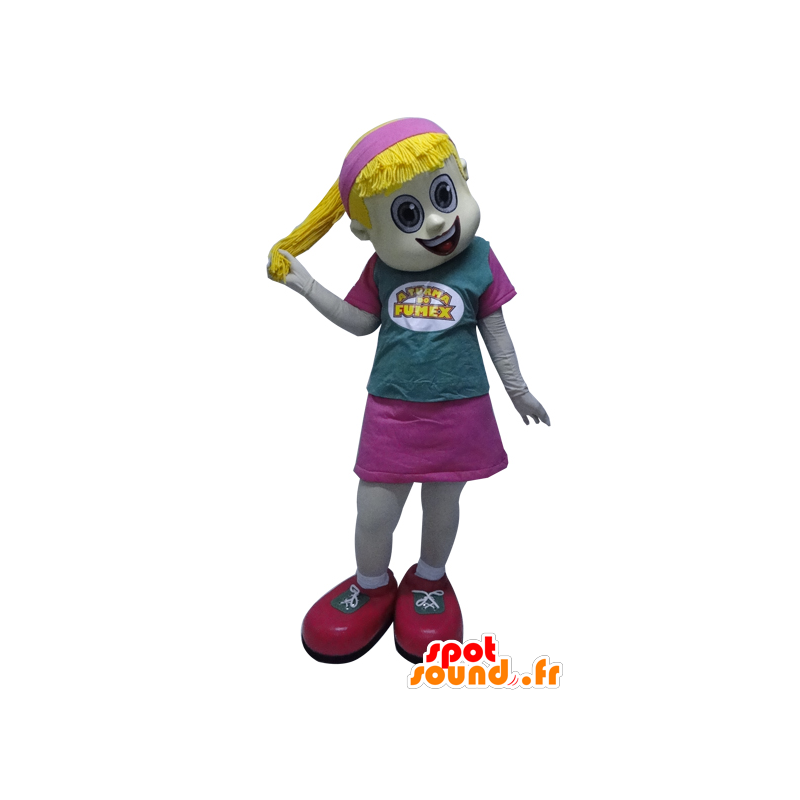 Menina loura com um mascote duvet vestida de rosa - MASFR033054 - Mascotes Boys and Girls