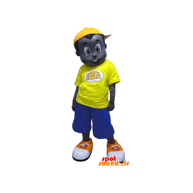 Mascote preto menino vestido de amarelo e azul - MASFR033056 - Mascotes Boys and Girls