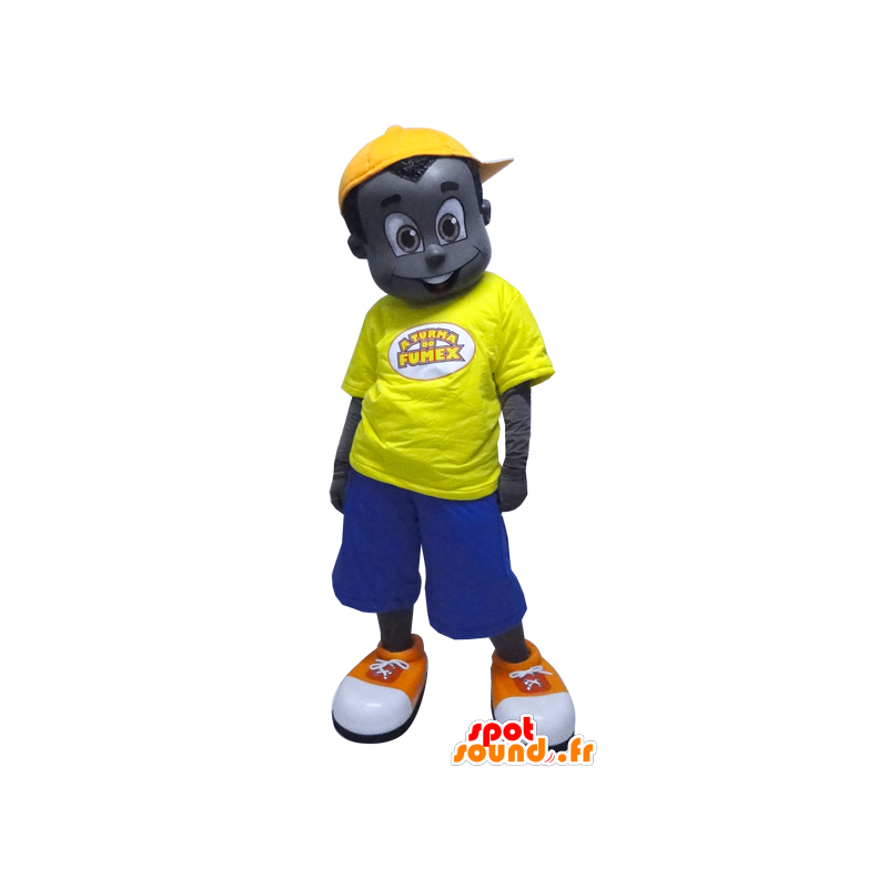Svart pojkemaskot klädd i gult och blått - Spotsound maskot