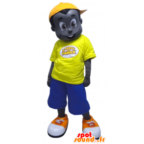 Mascotte de garçon noir habillé en jaune et bleu - MASFR033056 - Mascottes Garçons et Filles