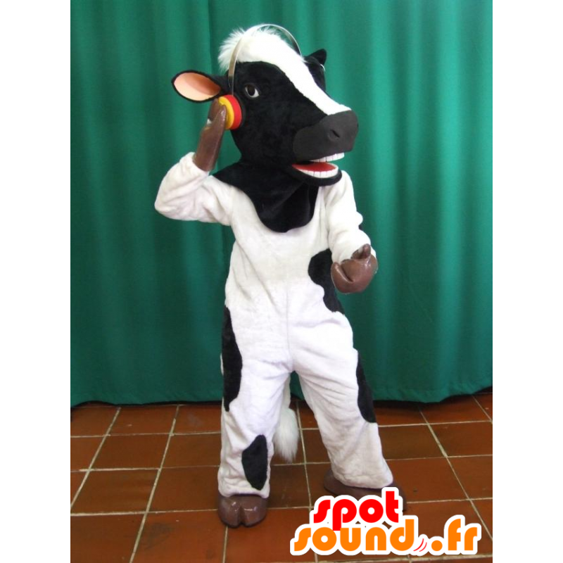 Mustavalkoinen lehmän maskotti kuulokkeilla - MASFR033070 - lehmä Maskotteja