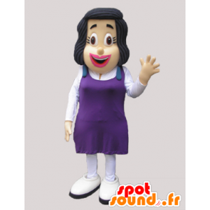 Maskotbrunettkvinna med en purpur klänning - Spotsound maskot