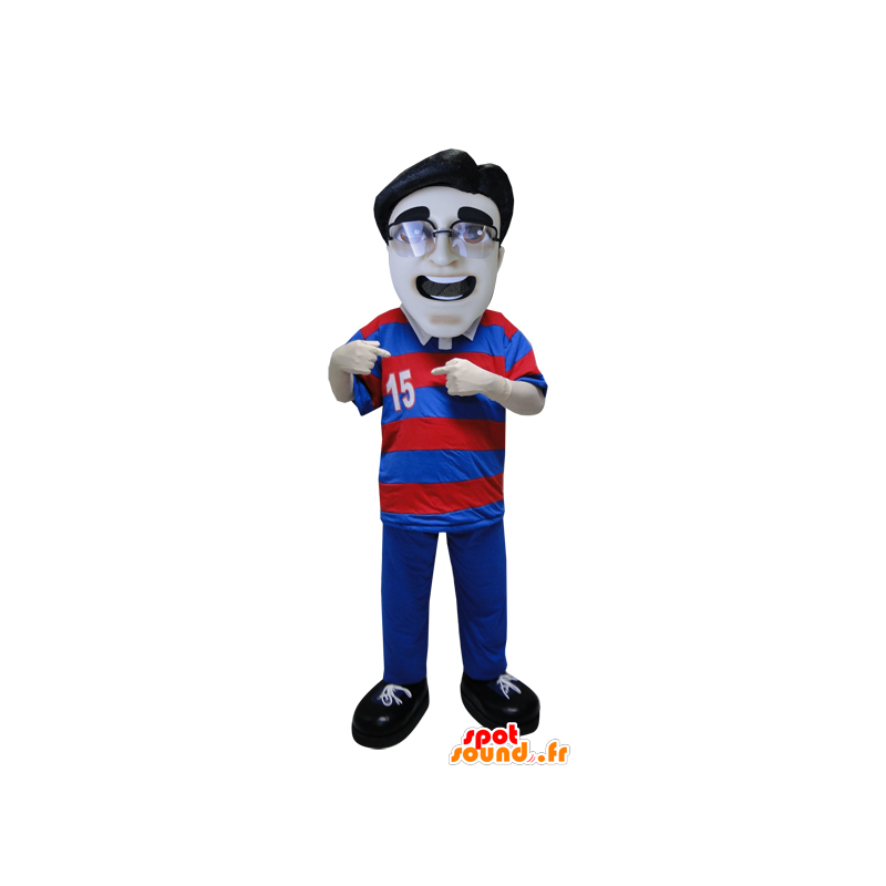 Man mascot wearing a striped polo shirt and glasses - MASFR033076 - Human mascots