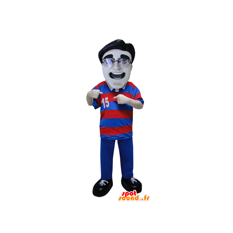 Mascotte d'homme portant un polo rayé et des lunettes de vue - MASFR033076 - Mascottes Homme