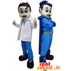 2 μασκότ. Ένας υπερήρωας σε μπλε και φουτουριστικό γιατρό - MASFR033088 - superhero μασκότ
