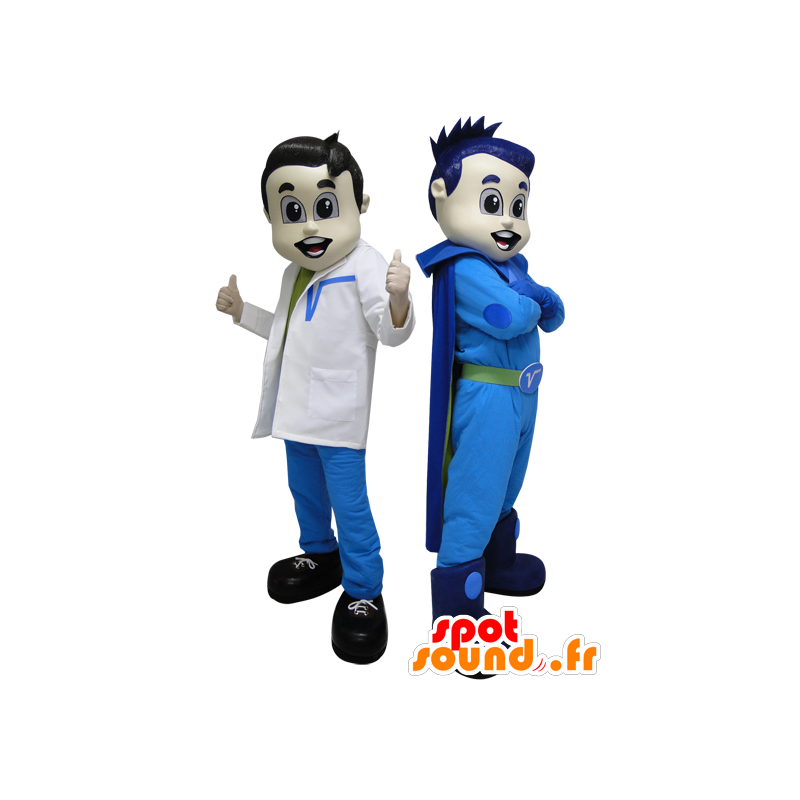 2 Maskottchen. Ein Superheld in blau und futuristische Arzt - MASFR033088 - Superhelden-Maskottchen