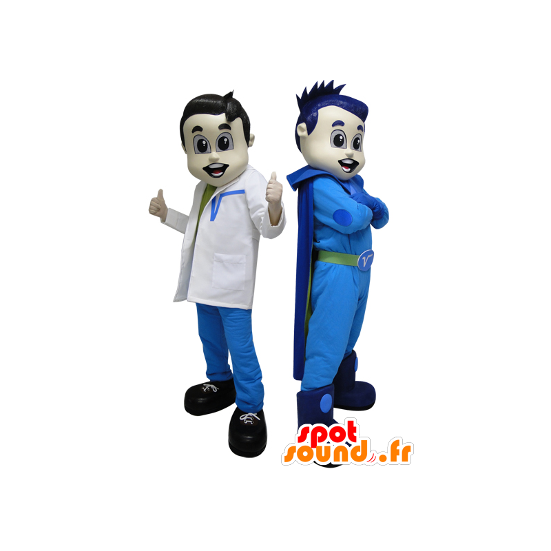 2 mascottes. Een superheld in blauw en futuristische arts - MASFR033088 - superheld mascotte