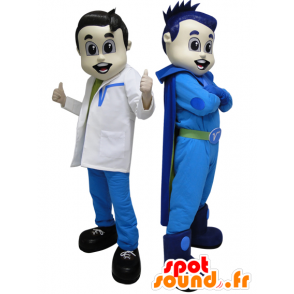 2 Maskottchen. Ein Superheld in blau und futuristische Arzt - MASFR033088 - Superhelden-Maskottchen