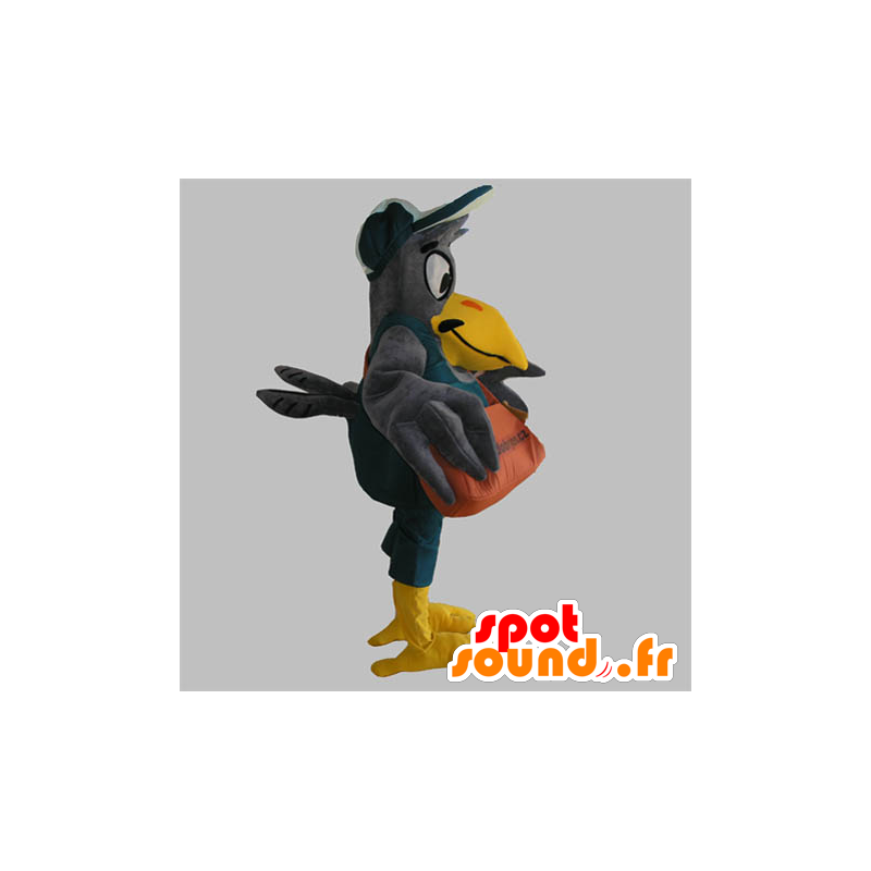 Maskot grå og gul kjempestor fugl med en pose - MASFR033089 - Maskoter gjenstander