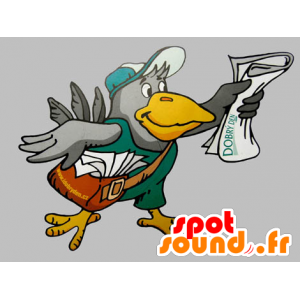 Mascotte d'oiseau géant gris et jaune avec une sacoche - MASFR033089 - Mascottes d'objets