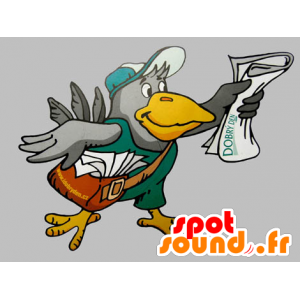 Mascot jätte grå och gul fågel med en skolväska - Spotsound
