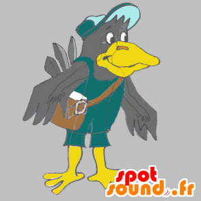 Mascot jätte grå och gul fågel med en skolväska - Spotsound