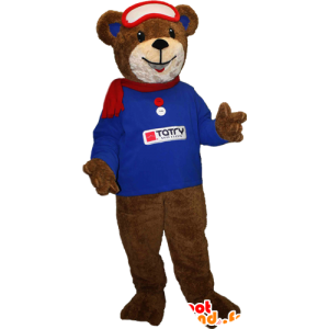 Mascotte d'ourson marron avec un sweat bleu et une écharpe - MASFR033094 - Mascotte d'ours