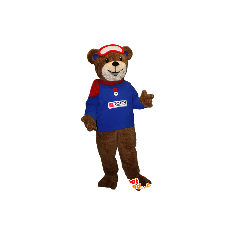Mascotte d'ourson marron avec un sweat bleu et une écharpe - MASFR033094 - Mascotte d'ours
