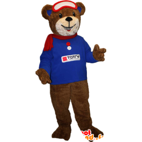 Mascota del oso de color marrón con un suéter azul y bufanda - MASFR033094 - Oso mascota