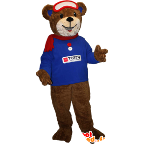 Mascotte d'ourson marron avec un sweat bleu et une écharpe - MASFR033094 - Mascotte d'ours