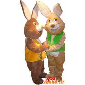 2 mascots braun Kaninchen weichen Westen tragen - MASFR033099 - Hase Maskottchen