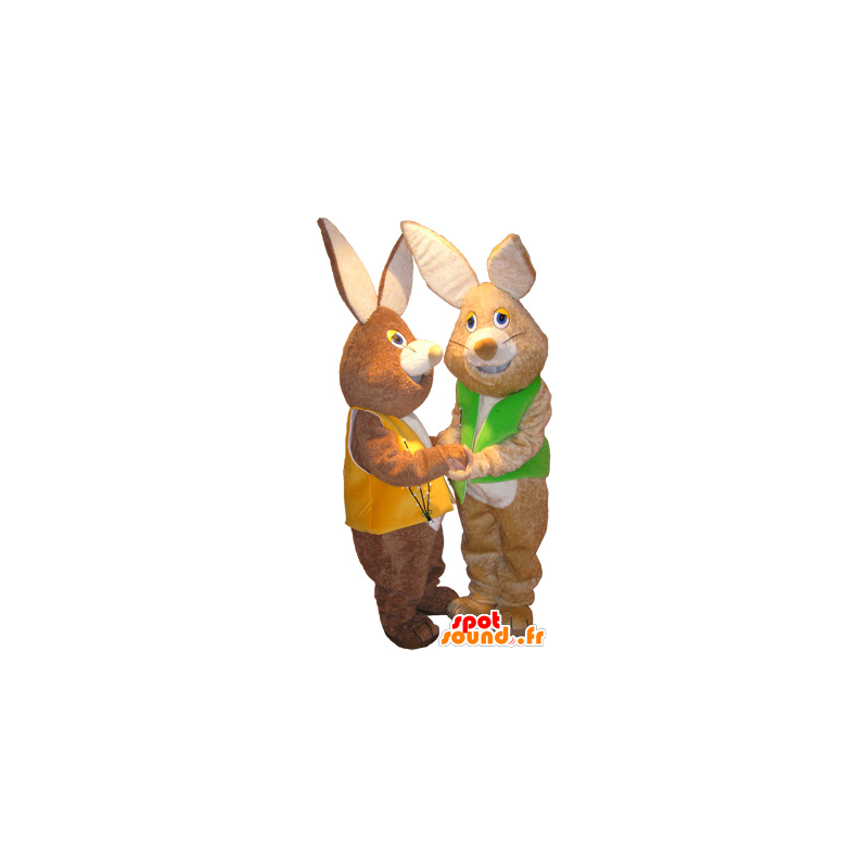 2 mascots brown rabbits soft wearing vests - MASFR033099 - Rabbit mascot