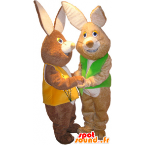 2 mascots brown rabbits soft wearing vests - MASFR033099 - Rabbit mascot