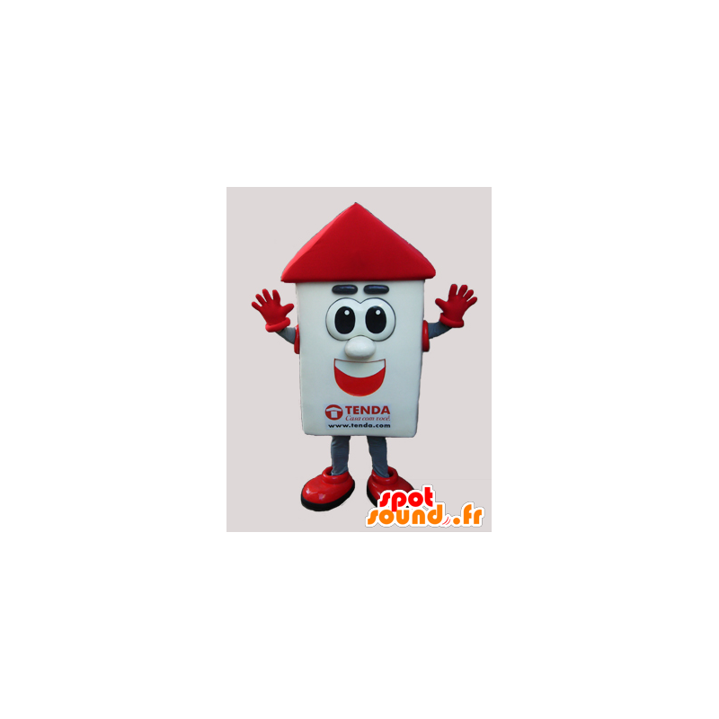 Mascotte de maison blanche et rouge avec de grands yeux - MASFR033038 - Mascottes Maison