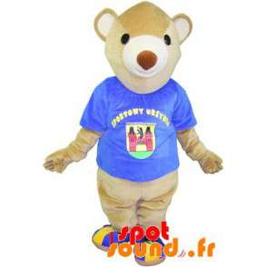 Beige maskot bjørn med en blå t-shirt. Bamse maskot - Spotsound