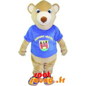 Maskot beige björn med en blå t-shirt. Nallebjörn maskot -