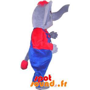 Grå og rød elefant maskot klædt i overall - Spotsound maskot