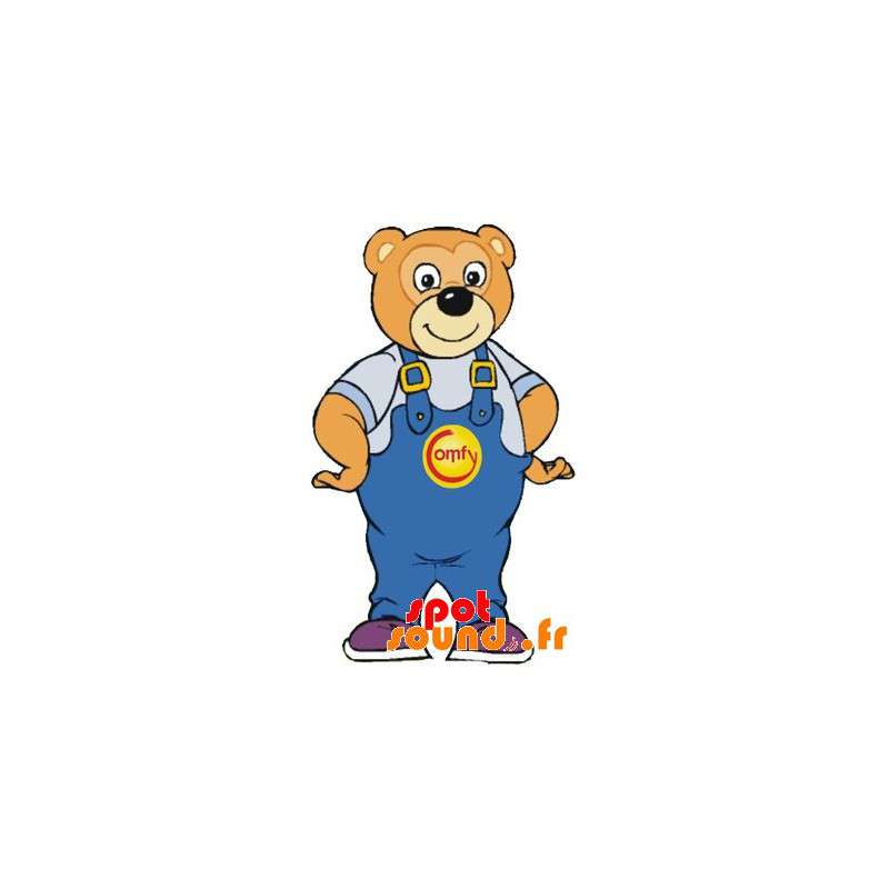 Brun björnmaskot som ler med blå overaller - Spotsound maskot