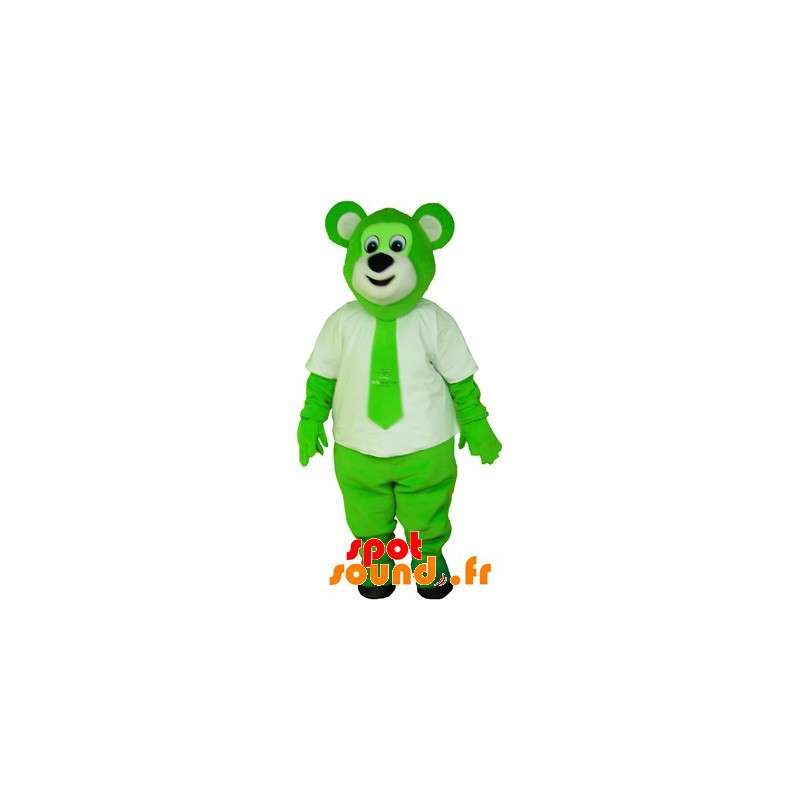 Grön björnmaskot klädd i vitt med ett slips - Spotsound maskot