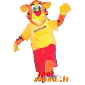 Tiger maskot klædt i sportsbeklædning. Tiger kostume -
