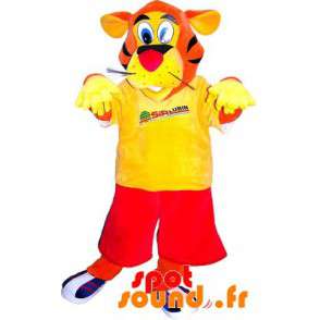 Tiger maskot klädd i sportkläder. Tiger kostym - Spotsound