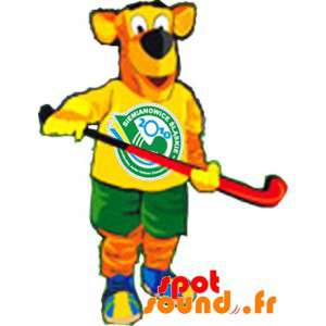Orange og gul hundemaskot i hockeyudstyr - Spotsound maskot
