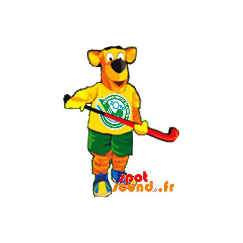 Orange och gul hundmaskot i hockeyutrustning - Spotsound maskot