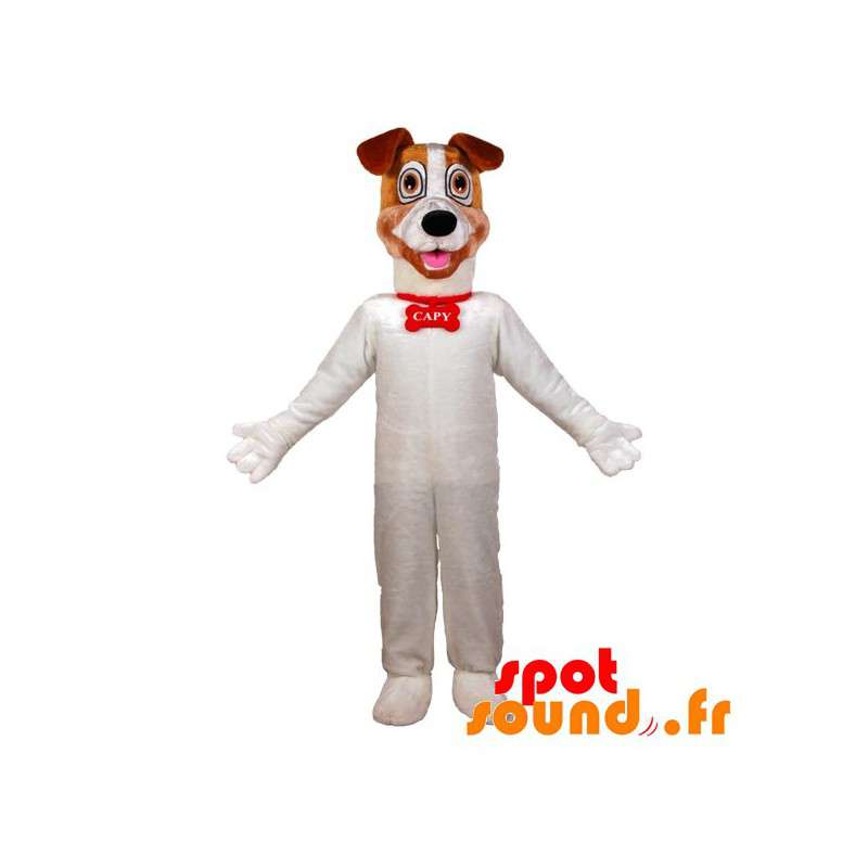 Maskot stor vit och brun hund. Hundmaskot - Spotsound maskot