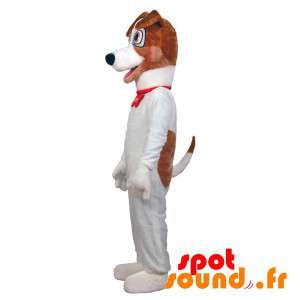 Maskot stor vit och brun hund. Hundmaskot - Spotsound maskot