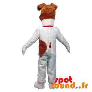Maskot stor vit och brun hund. Hundmaskot - Spotsound maskot