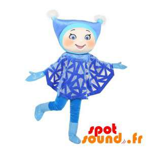 Flicka maskot klädd i blått med ett lock - Spotsound maskot