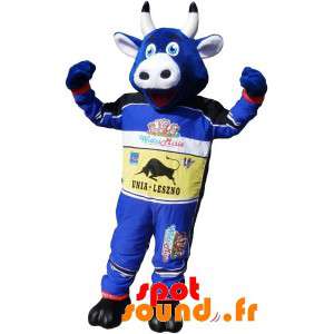 Blauwe koe mascotte gekleed...