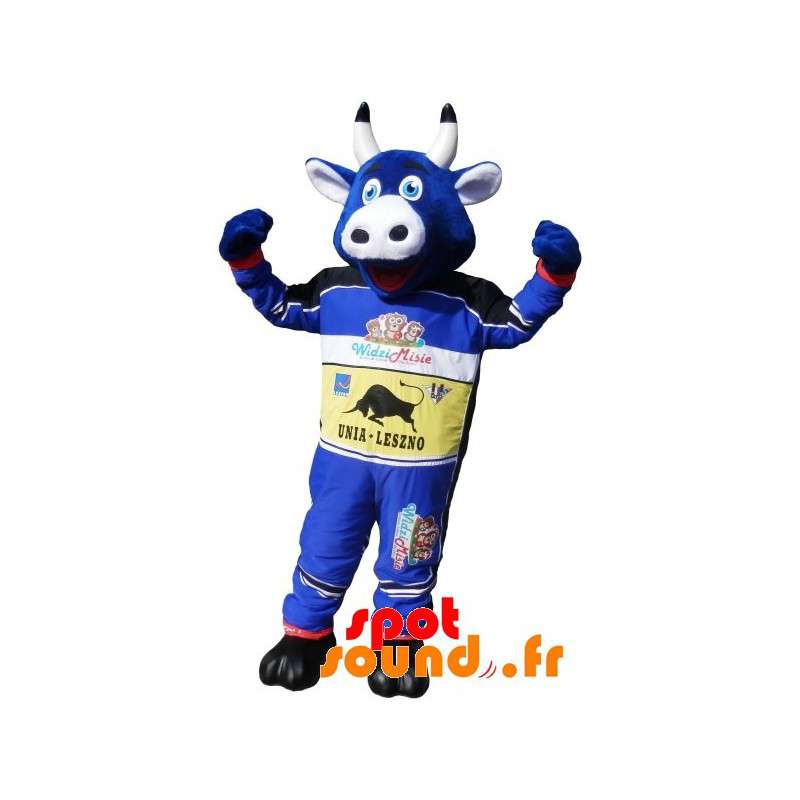 Blå ko maskot klædt i racing circuit outfit - Ko-maskotter - MASFR033191 - SpotSound.fr